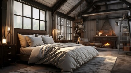Photo of a cozy bedroom with a grand bed and a warm fireplace - obrazy, fototapety, plakaty