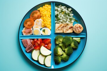a sectioned plate illustrating portion control in meals - obrazy, fototapety, plakaty