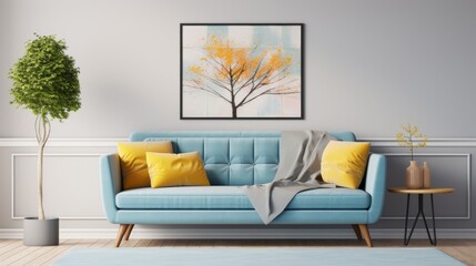 Photo of a cozy living room with a blue couch and yellow pillows