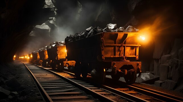 Loaded railway trolleys in a coal mine, coal mining and transportation.