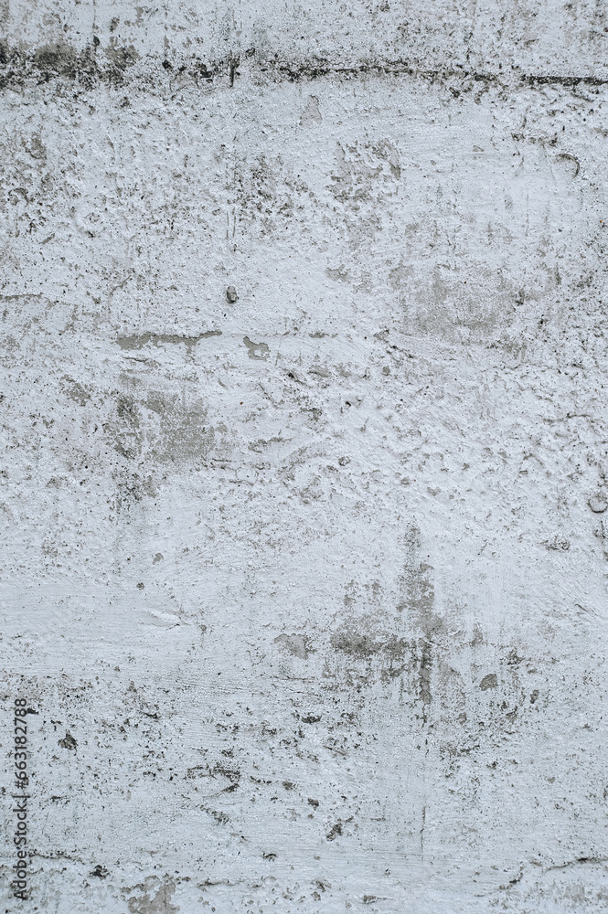 Sticker Gray stained concrete wall, dirty cracked uneven cement surface with paint close-up. Photography, abstraction, background.