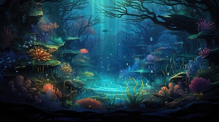 Fototapeta na wymiar A mesmerizing aqua scape that resembles a fantastical underwater forest, AI Generative