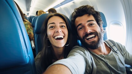 Happy tourist taking selfie inside airplane - Cheerful couple on summer vacation - Passengers boarding on plane - Holidays and transportation concept - obrazy, fototapety, plakaty
