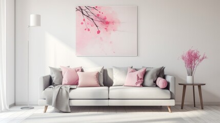 Photo of a cozy living room with a stylish couch and a captivating painting on the wall