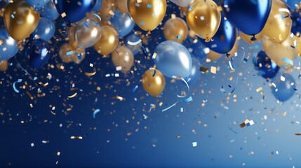 Photo of a festive arrangement of blue and gold balloons with confetti