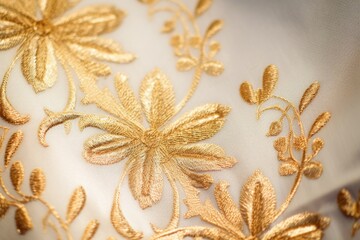 close up of a liturgical fabric embroidered with gold thread