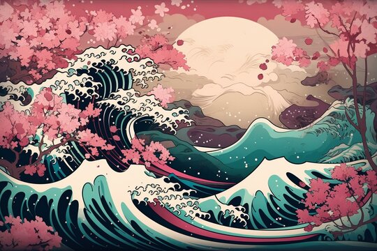 Abstract artwork inspired by Hokusai style depicting waves, sea, and pink sakura trees. Generative AI