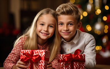 Fototapeta na wymiar Children wearing Santa Claus sitting with gifts under the Christmas tree
