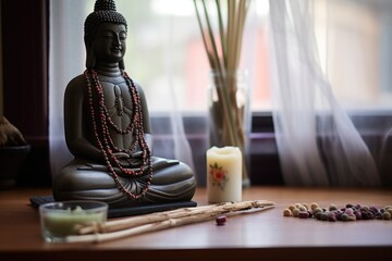 a buddhist statue, incense sticks, and prayer beads on a small table