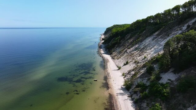 Aerial view flying along the coast of Jasmund National Park on the R&uuml;gen island, in Germany