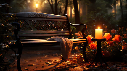 A bench with a candle AI generated  - obrazy, fototapety, plakaty