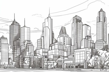 Outline illustration of downtown city landscape with high skyscrapers, government buildings, and urban life. Generative AI