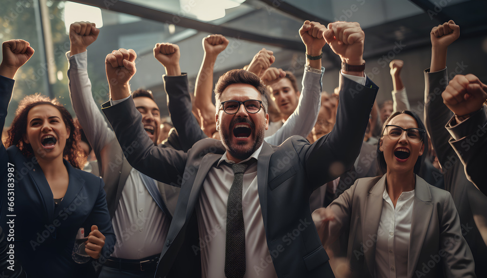 Wall mural cheerful successful business people fist up in the air