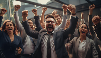 Cheerful successful business people fist up in the air - Powered by Adobe