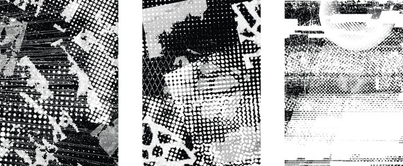 Naklejka na ściany i meble Glitch distorted grungy isolated layers . Design element for brochure, social media, posters, flyers. Overlay texture.Textured banner with Distress effect .Vector halftone dots . Screen print texture