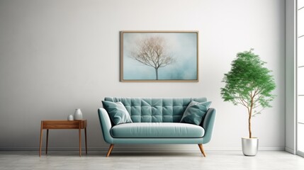 Photo of a cozy living room with a stylish blue couch and a vibrant potted plant
