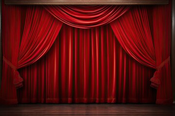 Grand red velvet stage in classic stage. Elegance unveiled. Velvet curtains at theater. Night at opera. Dramatic performances