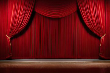 Grand red velvet stage in classic stage. Elegance unveiled. Velvet curtains at theater. Night at opera. Dramatic performances