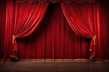 Grand red velvet stage in classic stage. Elegance unveiled. Velvet curtains at theater. Night at opera. Dramatic performances - obrazy, fototapety, plakaty