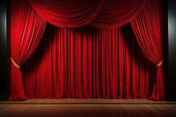 Grand red velvet stage in classic stage. Elegance unveiled. Velvet curtains at theater. Night at opera. Dramatic performances