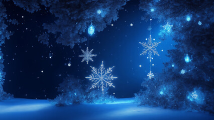 Fototapeta na wymiar Background of christmas decorations, christmas flakes, tree branches and lights on blue background