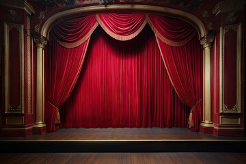 Grand red velvet stage in classic stage. Elegance unveiled. Velvet curtains at theater. Night at opera. Dramatic performances