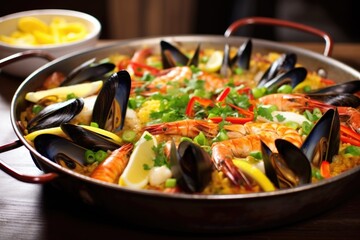 seafood paella on a pan, traditional spanish cuisine