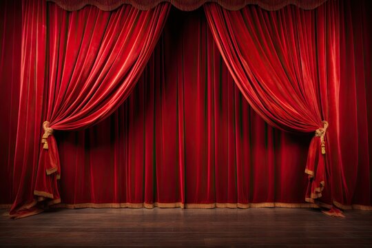 Naklejki Grand red velvet stage in classic stage. Elegance unveiled. Velvet curtains at theater. Night at opera. Dramatic performances