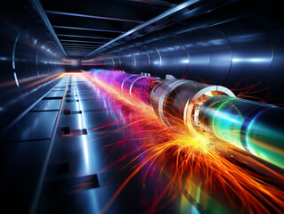A particle accelerator propelling a proton at high velocity in a futuristic, sci-fi style setting.