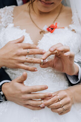 The bride and groom wear gold rings on their fingers during the ceremony. Wedding photography, portrait.