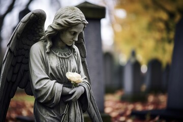 angel statue in a graveyard with tombstones