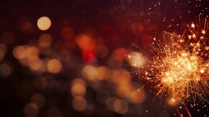 Golden and Crimson Fireworks: New Year's Eve Brilliance with Bokeh Effects. Generative ai