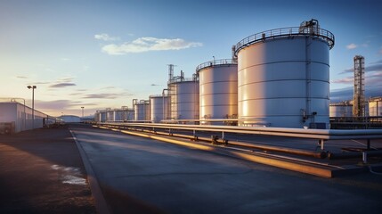 Obraz premium Future of Fuel: Expansive Hydrogen Energy Facility with Steel Storage. Generative ai
