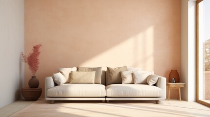 Photo of a white couch in a bright living room with a view of the outdoors