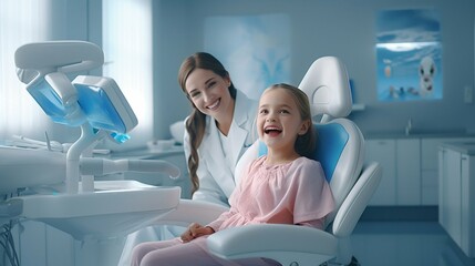 Young Girl's Bright Smile: Dental Care Visit to the Dentist. Generative ai