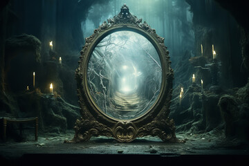 A mystical mirror with an ornate golden frame reflects the image of a twinkling fairy floating