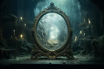 Deurstickers A mystical mirror with an ornate golden frame reflects the image of a twinkling fairy floating © Davivd