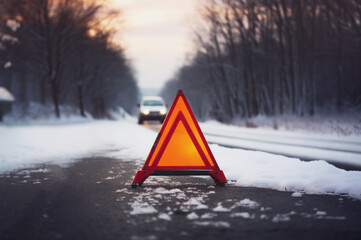 Photo of emergency triangle on the snow with broken car