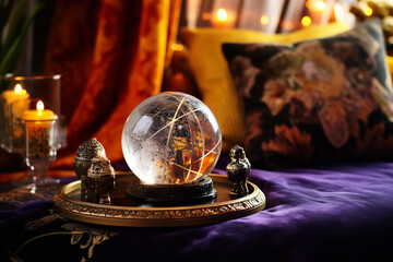 A clear crystal ball rests on a plush velvet cushion,  used for fortune-telling