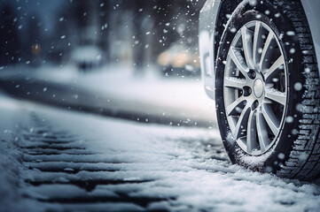 Fototapeta na wymiar Photo of car with winter tire on the snow
