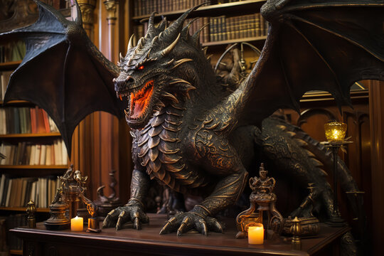 A stunning sculpture of a fire-breathing dragon sits prominently on a table in a magician's study