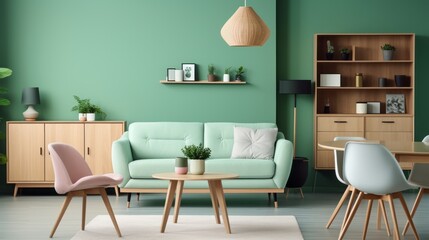 Photo of a cozy living room with vibrant green walls and stylish furniture