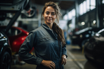 Portrait of young female automobile mechanic working in a clean modern garage shop, standing pose with arms in her waist - obrazy, fototapety, plakaty
