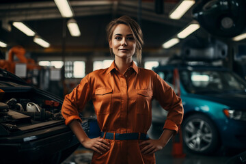Portrait of young female automobile mechanic working in a clean modern garage shop, standing pose with arms in her waist