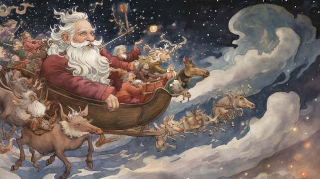 A whimsical Christmas illustration featuring Santa Claus, AI Generative