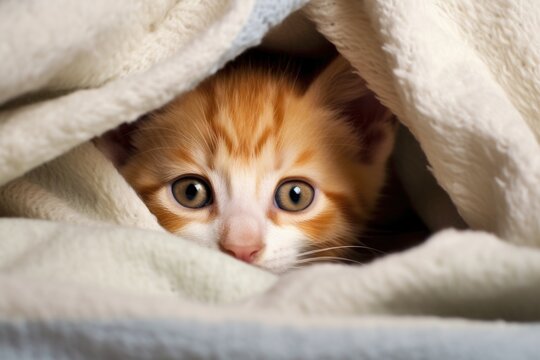 a kitten timidly hiding under a blanket