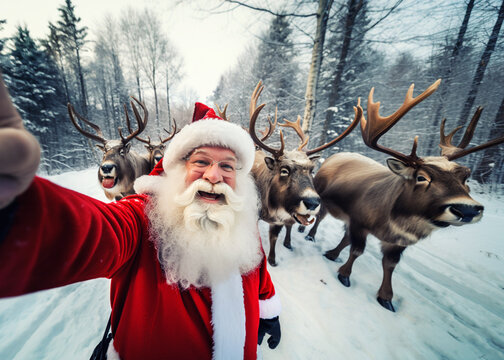 lachender Weihnachtsmann mach Selfie mit seinen Rentieren