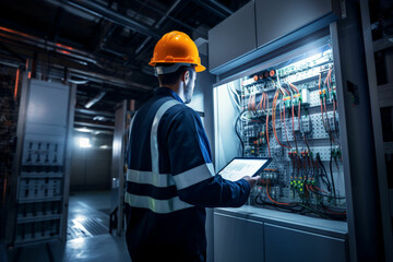 Electrical Engineer team working front control panel, An electrical engineer is installing and using a tablet to monitor the operation of an electrical control panel in a factory service room - obrazy, fototapety, plakaty