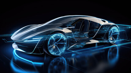 Futuristic electric car wireframe concept, future automotive transportation design  - obrazy, fototapety, plakaty
