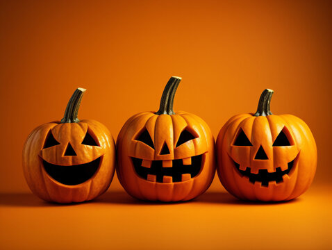 Spooky Halloween pumpkins add a creepy touch to an empty orange background in photo 00021 01 rl.